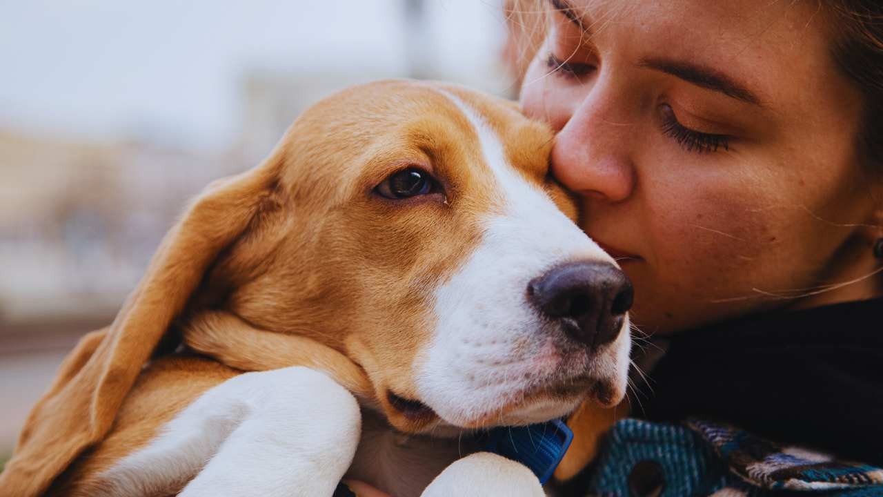 Donna abbraccia il suo cane